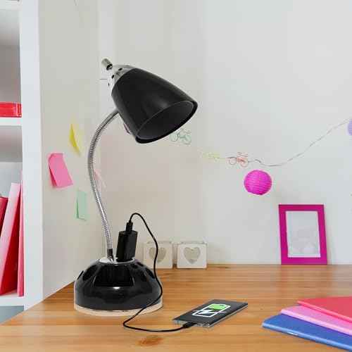 Simple Designs LD1089-BLK 19.5" Swivel & Shine Lazy Susan Desk Lamp with Charging Outlet, for Office, Bedroom, Living Room, Black