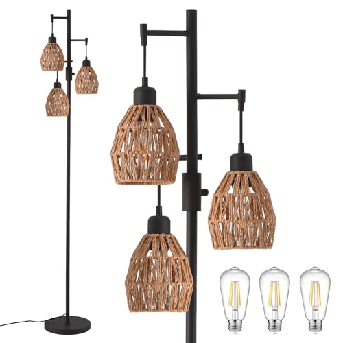 Boho Rattan Floor Lamp-Standing Lamps for Living Room 70'' Dimmable Floor Lamp with Cage Shade, Industrial Farmhouse Floor Lamps Rustic Floor Lamps Vintage Lamp for Living Room Bedroom Office