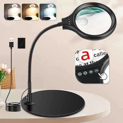 10X 20X Desk Magnifying Glass with Light and Stand, Large Magnifying Lamp with 3 Color Modes Lighted Magnifying Light for Crafts Hands Free, Upgrated Head Button Reading Magnifier for Books Sewing