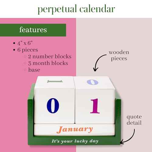 Kate Spade New York Desktop Perpetual Wooden Block Calendar 6" x 4", Lucky Day