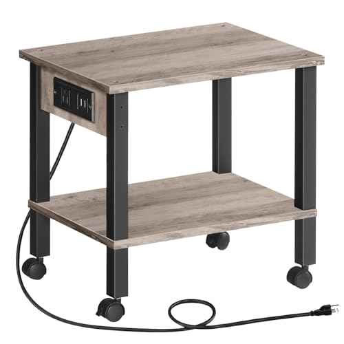 HOOBRO 2-Tier Printer Stand with Charging Station, Under Desk Printer Table, Printer Cart with Storage Shelves, Shelf for Small Spaces, for Home Office, Greige and Black BG38UPS01