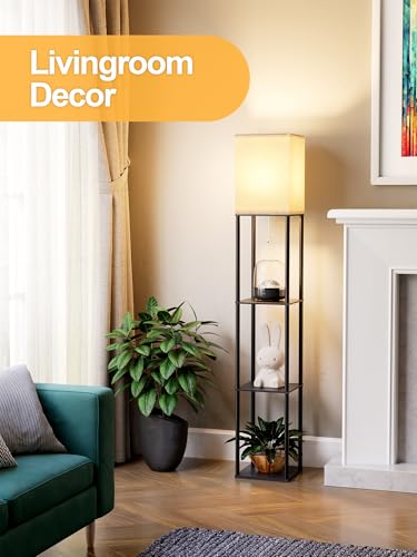 PARTPHONER Black Floor Lamp with Shelves, 3-CCT LED Bulb, White Linen Shade