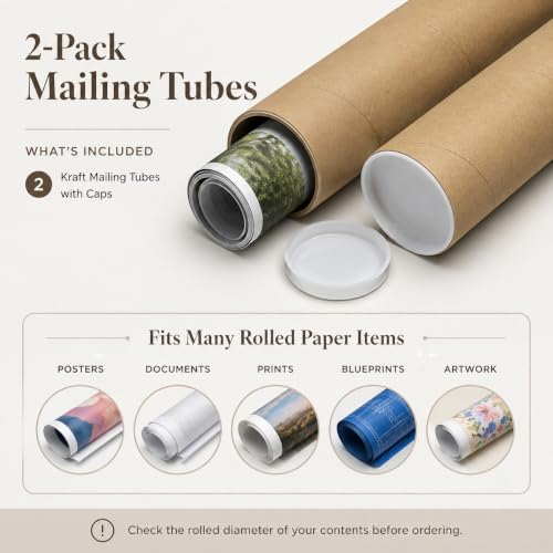 2-Pack Kraft Mailing Tubes with End Caps - 24 Inch for Posters & Documents