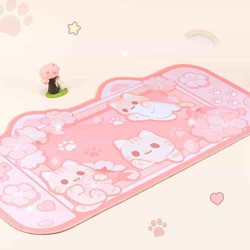 BelugaDesign Sakura Cat Desk Pad | NS Switch Keyboard Laptop Gaming Setup Accessories Mat Large Mat Mousepad | Pastel Pink Bunny Kawaii Cute Anime Desk Mat Blotter Protector with Gel Wrist Support