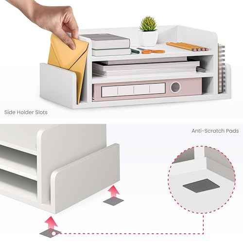 Ballucci 3-Tier Desk Organizer with 2 Side Mail Sorter Slots, Wood Letter Tray, Open Top Paper Organizer, Desktop File Organizer, White