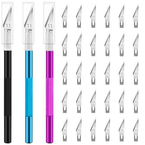 Exacto Knife, 3 Exacto Knives with 30 Exacto Blades #11, Craft Knife, Hobby Knife, Precision Knife, Exacto Knife Set for Crafts, Arts, Modeling, Scrapbooking (Purple-Blue-Black)