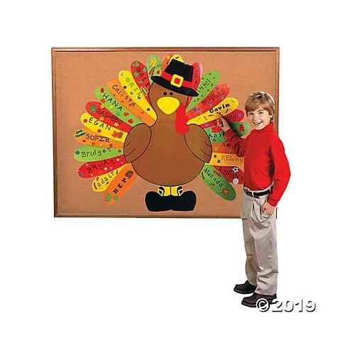 Fun Express DIY Turkey Bulletin Board Set - 26 Piece Thanksgiving Classroom Decorations for Fall - 3 Feet Tall Interactive Display with Customizable Feathers | Perfect for Preschool
