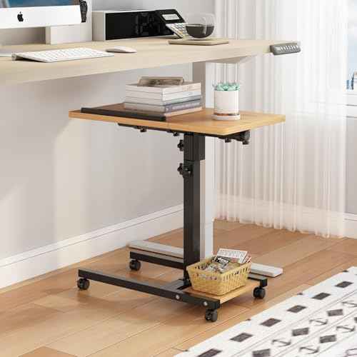 Laptop Desk Stand for Bed Portable Desk Overbed Bedside Mobile Laptop Table Rolling Foldable Table Adjustable Height with Locked Wheels & Mouse Pad for Office Sofa (Natural Color)
