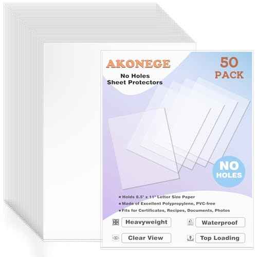 50 Pack No Holes Sheet Protectors 8.5 x 11 Inch Letter Size Page Protectors for Documents, Prints, Top Loading Heavyweight Clear View Plastic Sleeves for Papers, Artworks, Photos