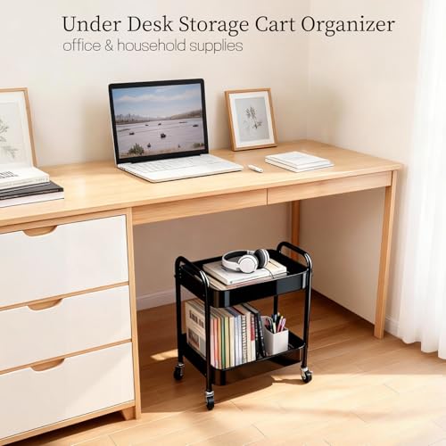 Black 2-Tier Metal Rolling Utility Cart with Handle & Lockable Wheels