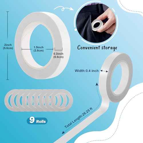 9 Rolls Double Sided Tape for Crafts, Strong Double-Sided Tape, Scrapbook Tape, Double-Sided Adhesive Tape for Arts, Card Making, Scrapbooking Supplies, Gift Wrapping (0.4 in X 26.25Ft)