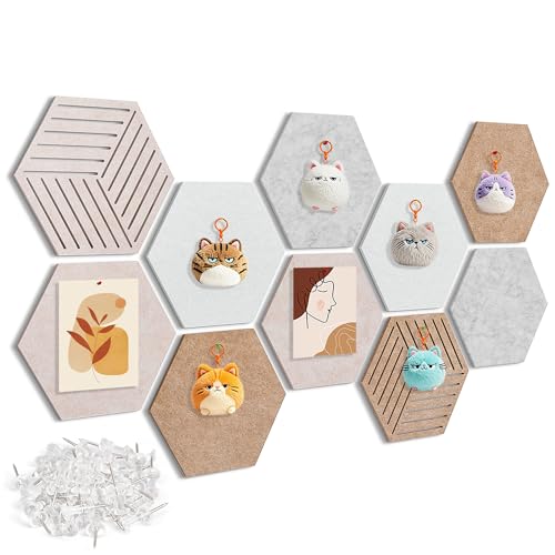 Hexagon Cork-Bulletin Board Tiles 10 Pack 12'' x 10'' Adhesive Small Cork Board Hexagon for Office Wall Decor, Cute Pinboard with 30 Push Pins