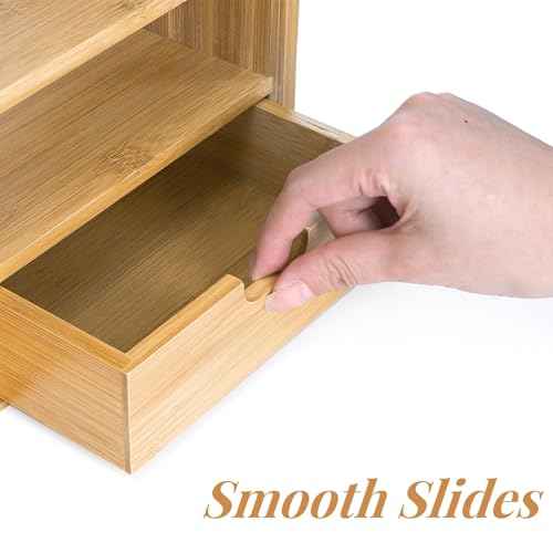 Bamboo Desktop Bookshelf, Expandable Counter Bookcase, Storage Shelves Rack Organizer with Anti-Slip Pads, Cute Small Desk Display Cubby Top for Office Supplies, No Assembly Needed