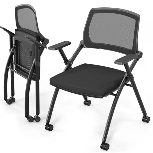 VINGLI 2 Pack Stackable Folding Office Chairs with Wheels – Rebound Back, Padded Seat, 350 lbs Capacity
