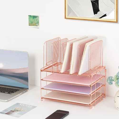 Desk Organizers and Accessories, 3-Tier Paper Organizer with 5 Vertical File Holders, File Organizer for Desk (Rose Gold, 3T)