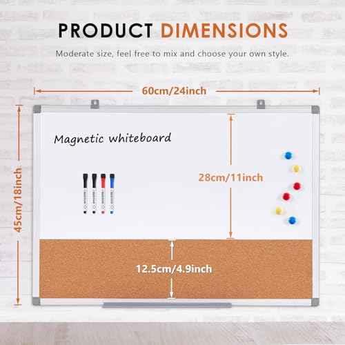 S SWANCROWN Dry Erase Board Cork Board Combo, Magnetic White Board and Bulletin Pin Board Combination,Hanging Wall Mounted Vision Board for Home, School, Office,Silver Frame,24"x18"