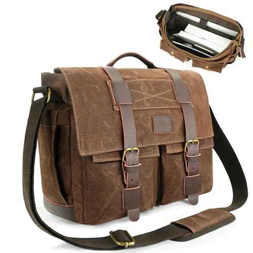 Messenger Bag for Men, 14-15.6 Inch Laptop Bag, Water-resistant Waxed Canvas Messenger Bag, Vintage Computer Satchel Briefcase for School Work Travel (Vintage Brown)
