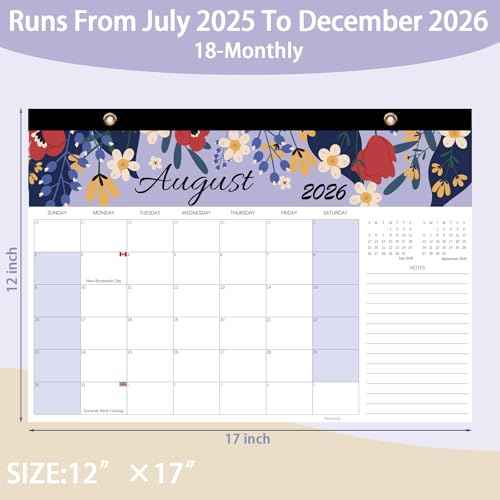 Calendar 2025-2026, Monthly Desk Calendar from July 2025 to December 2026, 17" x 12", Large Desktop Calendar Monthly, Perfect for Home or Office, Floral (Desk(17" x 12"£©)
