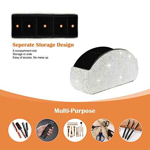 KEYPOWER Remote Control Holder Organizer Table Desk Leather Control Storage TV Remote Control Organizer with 5 Spacious Compartments Bling Crystal Luxury Handmade Diamond (White)