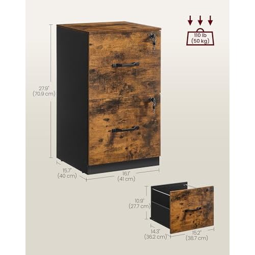 VASAGLE 2 Drawers File Cabinet with Lock, Printer Stand, Office Filing Cabinet Organizer, for A4 and Letter Size Documents, Rustic Brown and Ink Black UOFC061B01