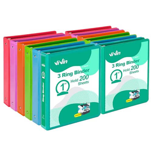 ViVin 1 Inch Round Ring View Binder for Durability, Standard 3 Ring Binder for 200 Sheets of US Letter Size Paper, PVC-Free, 12-Pack (Assorted)