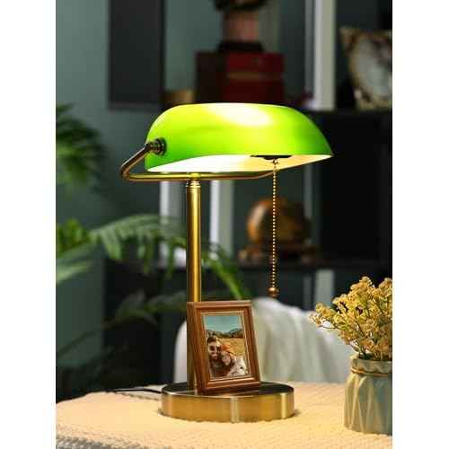 Newrays Traditional Green Glass Bankers Desk Lamp with Pull Chain Switch Plug in Fixture,LED Bulb Included