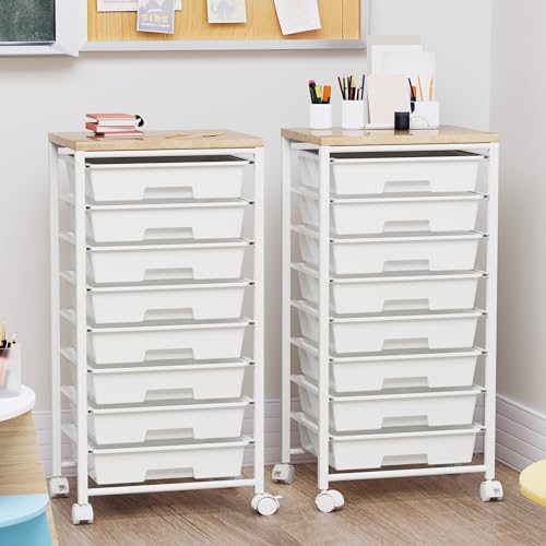 Neatevday White Rolling Cart with 8 Drawers, Wooden Top & Lockable Wheels