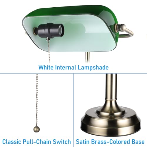 Green Glass Banker’s Desk Lamp with Pull Chain, E26 Base - Retro Office Light