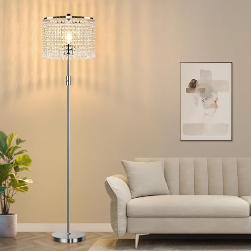 ¡¼Upgraded¡½ Dimmable Floor Lamps for Living Room, 1000LM LED Bulb Included, Standing Lamp with Crystal Lampshade, Tall Silver Pole Light for Bedroom Nursery Office Corner Reading