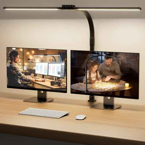 LED Desk Lamp for Home Office - Eye-Caring Computer Desk Light with Clamp, Rotatable Computer Lighting with Color Changing, Dimmable Monitor Table Lamp with Gooseneck, Double Head, Black