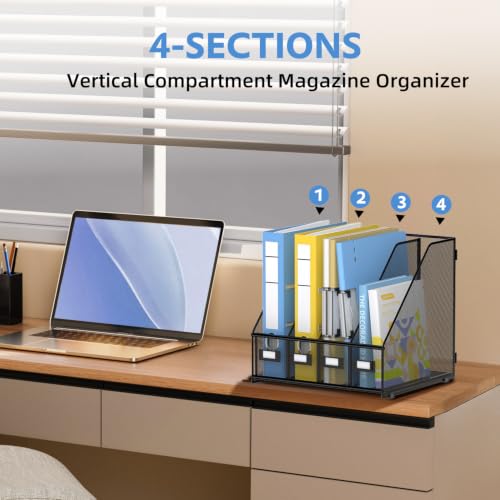JMHUD Black 4 Vertical Compartments Magazine File Holder Metal Organizer