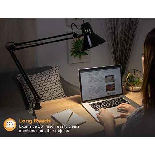 Bostitch Office VLF100 LED Swing Arm Desk Lamp with Clamp Mount, 36" Reach, Includes LED Bulb,Black