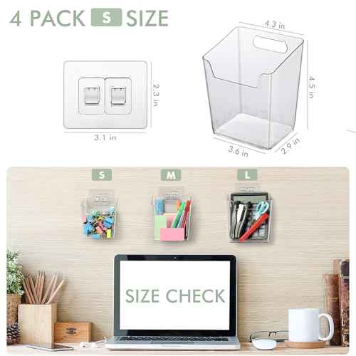 Clear Adhesive Wall Storage Bins, Small 4 Pack Cabinet Door Organizer Holders, Hanging Wall Mount Pockets, Plastic Cups for Shower Bathroom Makeup Office Craft Remote Kitchen Sink RV Organization