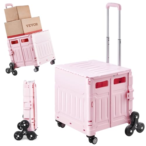 VEVOR Foldable Utility Cart, 65L Collapsible Portable Crate Rolling Cart with Stair Climbing Wheels & 360¡Æ Swivel Wheels, Hand Cart with Telescoping Handle for Shopping Office Moving Teacher, Pink