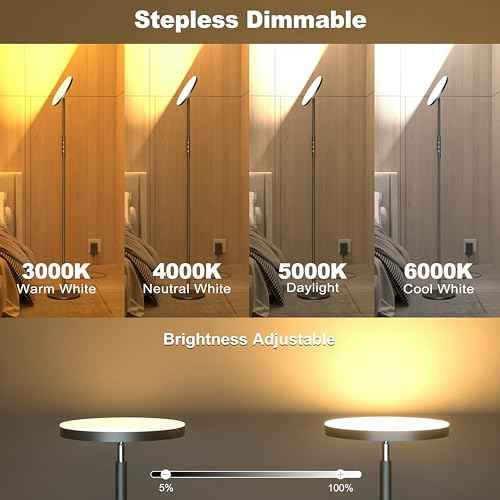 Super Bright Floor Lamp for Living Room, Stepless Dimmable LED Standing Lamp with Remote and Touch Control, 69¡± Tall Torchiere Corner Lamp for Bedroom Office Hotel, Black