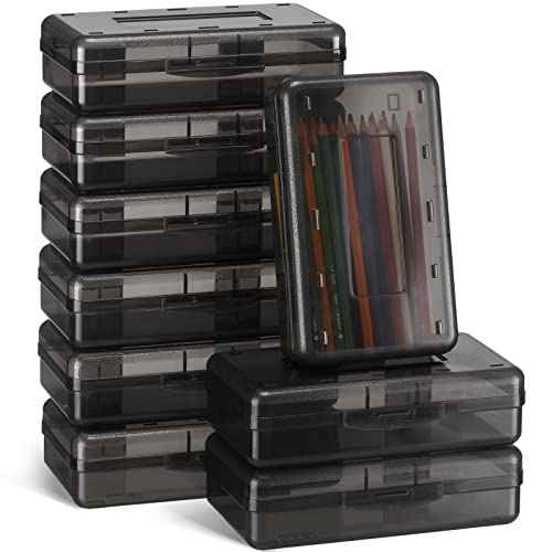 Leelosp 12 Pack Clear Pencil Boxes for School Bulk Plastic Pencil Case with Lid Hard Large Crayon Storage Box Stackable Classroom Stationery Organizer School Supplies for Adult(Gray)