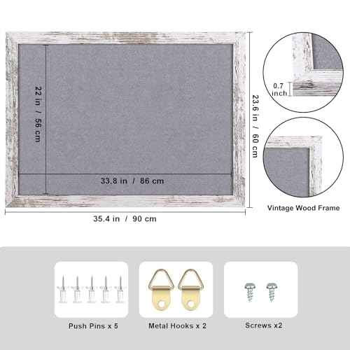 Gray Felt Bulletin Board, 35.4x23.6 inches Decorative Hanging Bulletin Boards for Walls with White Rustic Wood Frame, Pin Board Vision Board for Office Home School with Pins (6090,WH,1pc)