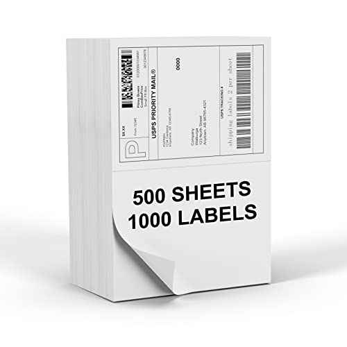 Half Sheet 8.5x5.5inch Shipping Mailing Label 1000 Counts, 2 Labels Per Sheet 8.5 x 11 for Laser & Inkjet Printer, Permanent Adhesive Label Square Corner (500 Sheets)