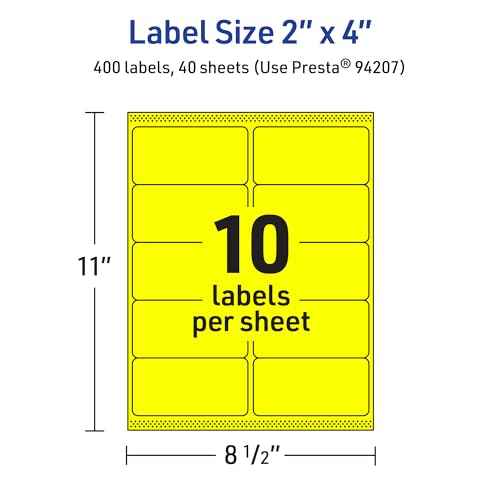 Avery Printable Rectangle Labels, Sure Feed Technology, 2" x 4", Neon Yellow Labels, Laser/Inkjet Printable, 400 Total, Great for Mailing and Candles
