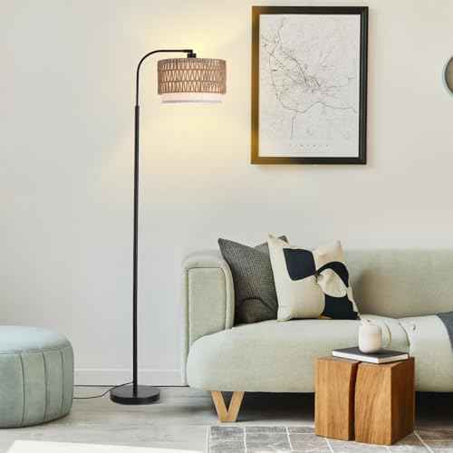 Arc Floor Lamp for Living Room£¬Boho Standing Lamp with Rattan & Fabric Shades,Farmhouse Floor Lamps with Foot Switch£¬Adjustable Tall Lamp for Bedroom, Office,LED Bulb Included