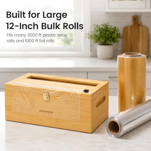 Libreshine 12-Inch Bamboo Plastic Wrap Dispenser with Cutter for