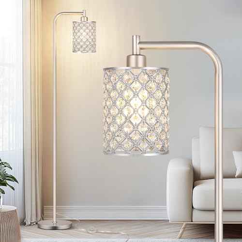 QiMH Industrial Floor Lamp for Living Room, Modern Standing Lamp with Crystal Lampshade Pedal Switch, 67¡± Tall Lamp for Bedroom Study Room, Silver (2700K LED Bulb Included)