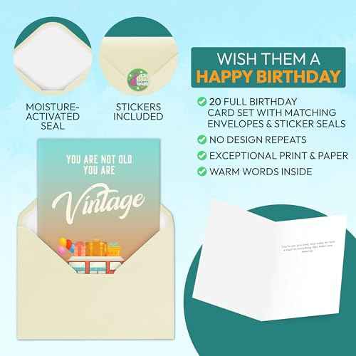 20 Pack Assorted Birthday Cards with Envelopes ? Large 5 x 7 in, Happy Birthday Cards Bulk with Greetings Inside, Boxed Set with Cute, Funny Designs for Women, Men, Adults