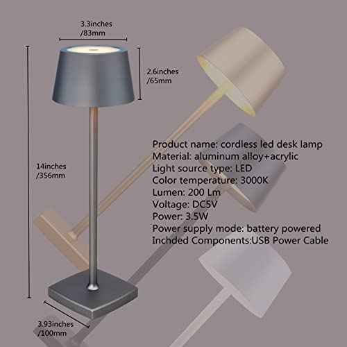 Rechargeable led Cordless Table Lamps, Aluminum, dimmable,Suitable for Indoor and Outdoor Lighting Grey