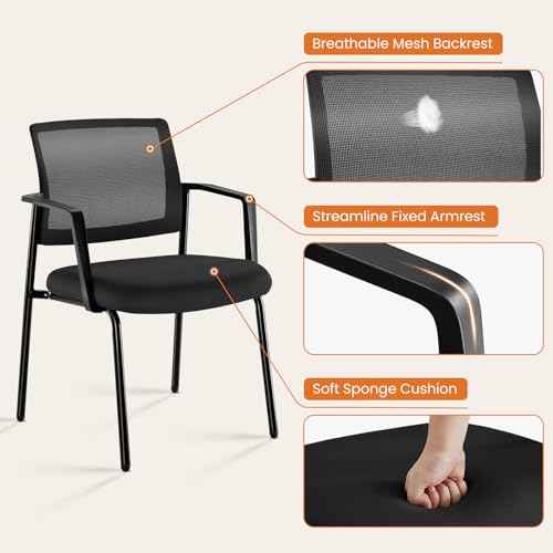 Sweetcrispy Stackable Mesh Guest Reception Chairs - Ergonomic Lumbar Support for Waiting Conference Meeting Room, Office School Lobby and Church, Space Saving, Black