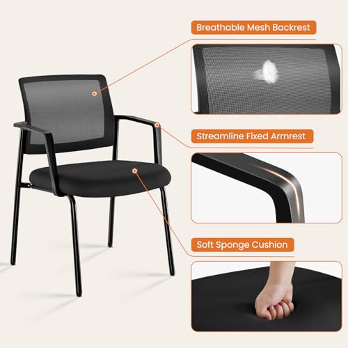 Sweetcrispy Mesh Back Stacking Arm Chairs, Upholstered Fabric Stacking Chairs, Sturdy Metal Office Chairs, Easy to Use and Store, Outdoor and Indoor, for Home, School, Party, Church, 2 Pack Black