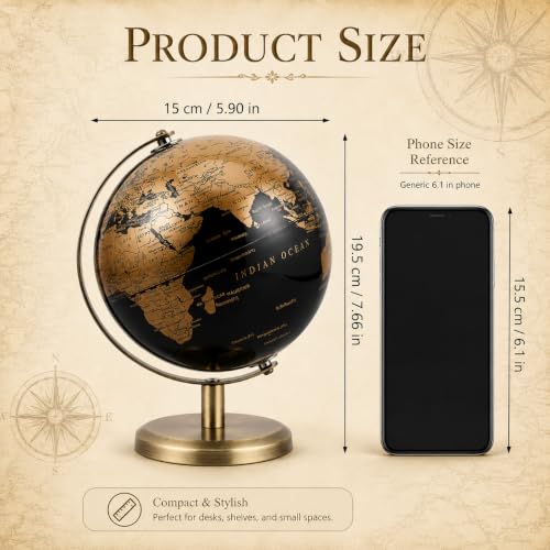 JOINPAYA Black Gold 6 Inch World Globe with Antique Bronze Stand Desktop Decor