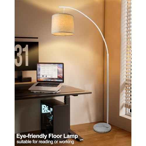 Lightdot Arc Floor Lamps for Living Room, Modern Standing Lamp with Hanging Drum Shade, Tall Standing Floor Lamp with Foot Switch, Over Couch Arched Reading Light for Bedroom, Office (White)