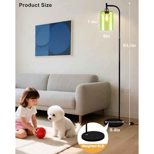 Lightdot 64IN Glass Floor Lamp for Living Room, Modern Standing Lamps with Green Ribbed Glass Lampshade, Industrial Floor Lamp for Bedroom Office-Black