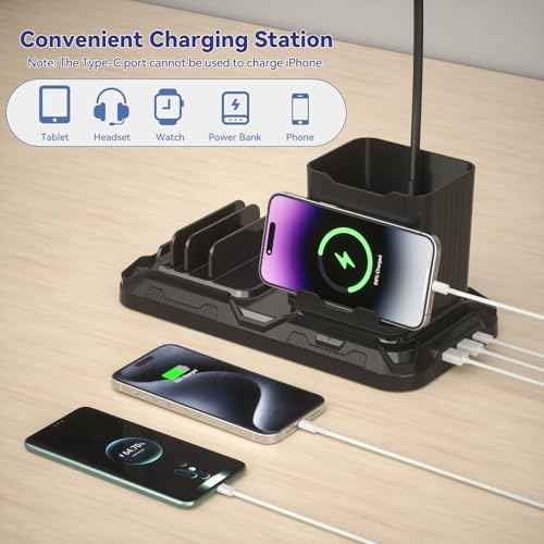 KDD Desk Lamp with USB A&C Charger Ports - Reading Desktop Light with Pen & Phone Holder - Adjustable Brightness Lights with Device Slots - 360¡ÆGooseneck Table Lamp for Home Office College Dorm Room